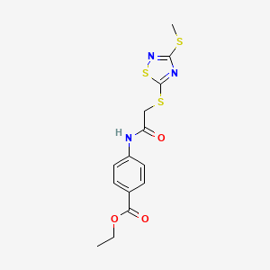 molecular formula C14H15N3O3S3 B4720964 ethyl 4-[({[3-(methylthio)-1,2,4-thiadiazol-5-yl]thio}acetyl)amino]benzoate 