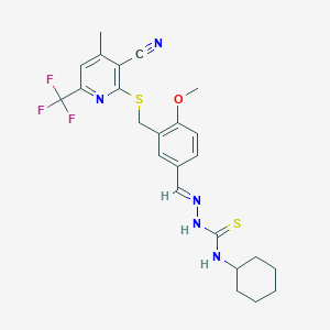 molecular formula C24H26F3N5OS2 B4721804 2-[(5-{2-[(cyclohexylamino)carbonothioyl]carbonohydrazonoyl}-2-methoxybenzyl)thio]-4-methyl-6-(trifluoromethyl)nicotinonitrile 