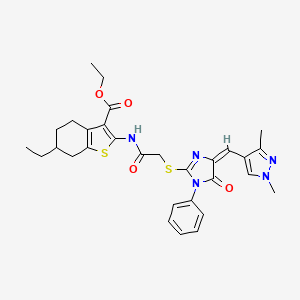 molecular formula C30H33N5O4S2 B4722252 ethyl 2-{[({4-[(1,3-dimethyl-1H-pyrazol-4-yl)methylene]-5-oxo-1-phenyl-4,5-dihydro-1H-imidazol-2-yl}thio)acetyl]amino}-6-ethyl-4,5,6,7-tetrahydro-1-benzothiophene-3-carboxylate 