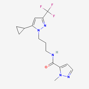 molecular formula C15H18F3N5O B4722277 N-{3-[5-cyclopropyl-3-(trifluoromethyl)-1H-pyrazol-1-yl]propyl}-1-methyl-1H-pyrazole-5-carboxamide 