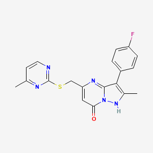 molecular formula C19H16FN5OS B4722700 3-(4-fluorophenyl)-2-methyl-5-{[(4-methyl-2-pyrimidinyl)thio]methyl}pyrazolo[1,5-a]pyrimidin-7(4H)-one 