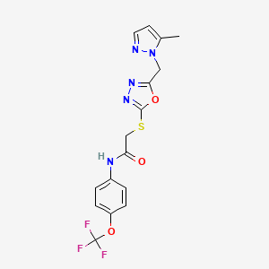 molecular formula C16H14F3N5O3S B4723521 2-({5-[(5-methyl-1H-pyrazol-1-yl)methyl]-1,3,4-oxadiazol-2-yl}thio)-N-[4-(trifluoromethoxy)phenyl]acetamide 
