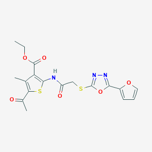 molecular formula C18H17N3O6S2 B4724263 ethyl 5-acetyl-2-[({[5-(2-furyl)-1,3,4-oxadiazol-2-yl]thio}acetyl)amino]-4-methyl-3-thiophenecarboxylate 