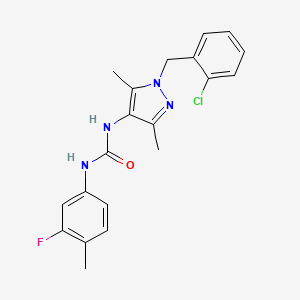 molecular formula C20H20ClFN4O B4724513 N-[1-(2-chlorobenzyl)-3,5-dimethyl-1H-pyrazol-4-yl]-N'-(3-fluoro-4-methylphenyl)urea 