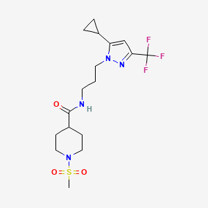 molecular formula C17H25F3N4O3S B4725967 N~4~-{3-[5-CYCLOPROPYL-3-(TRIFLUOROMETHYL)-1H-PYRAZOL-1-YL]PROPYL}-1-(METHYLSULFONYL)-4-PIPERIDINECARBOXAMIDE 