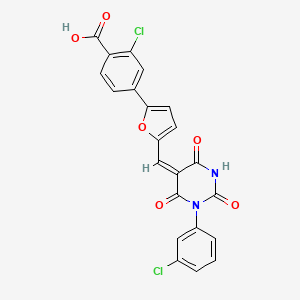 molecular formula C22H12Cl2N2O6 B4726118 2-chloro-4-(5-{[1-(3-chlorophenyl)-2,4,6-trioxotetrahydro-5(2H)-pyrimidinylidene]methyl}-2-furyl)benzoic acid 