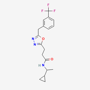 molecular formula C18H20F3N3O2 B4727114 N-(1-cyclopropylethyl)-3-{5-[3-(trifluoromethyl)benzyl]-1,3,4-oxadiazol-2-yl}propanamide 