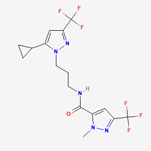 molecular formula C16H17F6N5O B4728678 N-{3-[5-cyclopropyl-3-(trifluoromethyl)-1H-pyrazol-1-yl]propyl}-1-methyl-3-(trifluoromethyl)-1H-pyrazole-5-carboxamide 