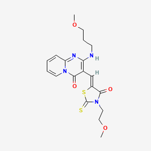 molecular formula C19H22N4O4S2 B4728845 3-{[3-(2-methoxyethyl)-4-oxo-2-thioxo-1,3-thiazolidin-5-ylidene]methyl}-2-[(3-methoxypropyl)amino]-4H-pyrido[1,2-a]pyrimidin-4-one 