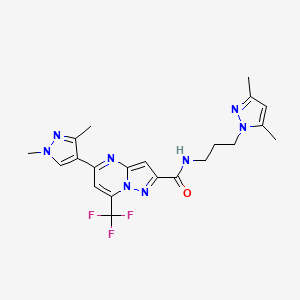 molecular formula C21H23F3N8O B4729104 5-(1,3-dimethyl-1H-pyrazol-4-yl)-N-[3-(3,5-dimethyl-1H-pyrazol-1-yl)propyl]-7-(trifluoromethyl)pyrazolo[1,5-a]pyrimidine-2-carboxamide 