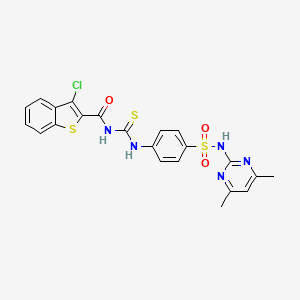 molecular formula C22H18ClN5O3S3 B4729111 3-chloro-N-{[(4-{[(4,6-dimethyl-2-pyrimidinyl)amino]sulfonyl}phenyl)amino]carbonothioyl}-1-benzothiophene-2-carboxamide 