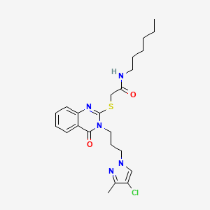 molecular formula C23H30ClN5O2S B4729153 2-({3-[3-(4-chloro-3-methyl-1H-pyrazol-1-yl)propyl]-4-oxo-3,4-dihydro-2-quinazolinyl}thio)-N-hexylacetamide 