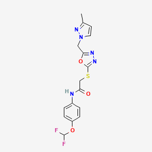 molecular formula C16H15F2N5O3S B4729194 N-[4-(difluoromethoxy)phenyl]-2-({5-[(3-methyl-1H-pyrazol-1-yl)methyl]-1,3,4-oxadiazol-2-yl}thio)acetamide 