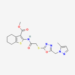 molecular formula C19H21N5O4S2 B4730026 methyl 2-{[({5-[(5-methyl-1H-pyrazol-1-yl)methyl]-1,3,4-oxadiazol-2-yl}thio)acetyl]amino}-4,5,6,7-tetrahydro-1-benzothiophene-3-carboxylate 