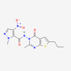 molecular formula C15H16N6O4S B4730855 1-methyl-N-(2-methyl-4-oxo-6-propylthieno[2,3-d]pyrimidin-3(4H)-yl)-4-nitro-1H-pyrazole-5-carboxamide 