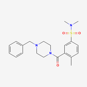 molecular formula C21H27N3O3S B4733638 3-[(4-benzyl-1-piperazinyl)carbonyl]-N,N,4-trimethylbenzenesulfonamide 