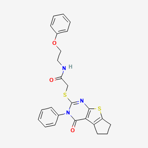 molecular formula C25H23N3O3S2 B4734500 2-[(4-oxo-3-phenyl-3,5,6,7-tetrahydro-4H-cyclopenta[4,5]thieno[2,3-d]pyrimidin-2-yl)thio]-N-(2-phenoxyethyl)acetamide 