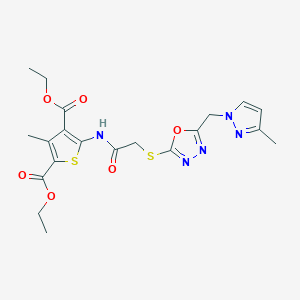 molecular formula C20H23N5O6S2 B4734689 diethyl 3-methyl-5-{[({5-[(3-methyl-1H-pyrazol-1-yl)methyl]-1,3,4-oxadiazol-2-yl}thio)acetyl]amino}-2,4-thiophenedicarboxylate 