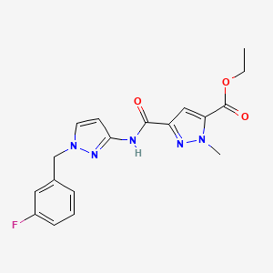 molecular formula C18H18FN5O3 B4734724 ethyl 3-({[1-(3-fluorobenzyl)-1H-pyrazol-3-yl]amino}carbonyl)-1-methyl-1H-pyrazole-5-carboxylate 