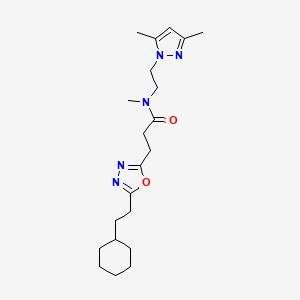 molecular formula C21H33N5O2 B4734874 3-[5-(2-cyclohexylethyl)-1,3,4-oxadiazol-2-yl]-N-[2-(3,5-dimethyl-1H-pyrazol-1-yl)ethyl]-N-methylpropanamide 