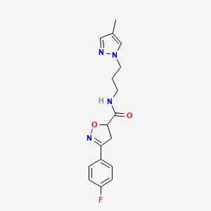 molecular formula C17H19FN4O2 B4735508 3-(4-fluorophenyl)-N-[3-(4-methyl-1H-pyrazol-1-yl)propyl]-4,5-dihydro-5-isoxazolecarboxamide 