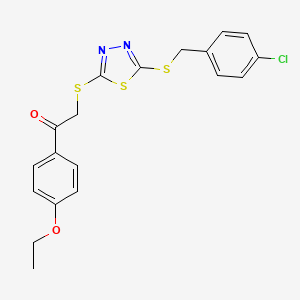molecular formula C19H17ClN2O2S3 B4735875 2-({5-[(4-chlorobenzyl)thio]-1,3,4-thiadiazol-2-yl}thio)-1-(4-ethoxyphenyl)ethanone 