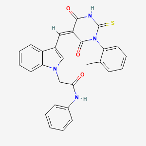 molecular formula C28H22N4O3S B4736104 2-(3-{[1-(2-methylphenyl)-4,6-dioxo-2-thioxotetrahydro-5(2H)-pyrimidinylidene]methyl}-1H-indol-1-yl)-N-phenylacetamide 