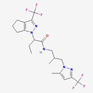 molecular formula C20H25F6N5O B4737331 N-{2-methyl-3-[5-methyl-3-(trifluoromethyl)-1H-pyrazol-1-yl]propyl}-2-[3-(trifluoromethyl)-5,6-dihydrocyclopenta[c]pyrazol-1(4H)-yl]butanamide 