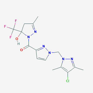 molecular formula C15H16ClF3N6O2 B4737742 1-({1-[(4-chloro-3,5-dimethyl-1H-pyrazol-1-yl)methyl]-1H-pyrazol-3-yl}carbonyl)-3-methyl-5-(trifluoromethyl)-4,5-dihydro-1H-pyrazol-5-ol 