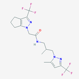 molecular formula C18H21F6N5O B4739482 N-{2-methyl-3-[5-methyl-3-(trifluoromethyl)-1H-pyrazol-1-yl]propyl}-2-[3-(trifluoromethyl)-5,6-dihydrocyclopenta[c]pyrazol-1(4H)-yl]acetamide 