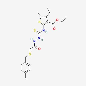 molecular formula C21H27N3O3S3 B4740463 ethyl 4-ethyl-5-methyl-2-{[(2-{[(4-methylbenzyl)thio]acetyl}hydrazino)carbonothioyl]amino}-3-thiophenecarboxylate 