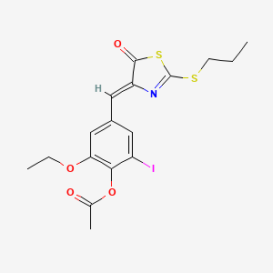 molecular formula C17H18INO4S2 B4740813 2-ethoxy-6-iodo-4-{[5-oxo-2-(propylthio)-1,3-thiazol-4(5H)-ylidene]methyl}phenyl acetate 
