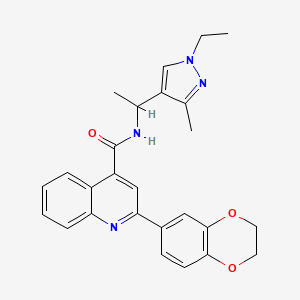 molecular formula C26H26N4O3 B4744008 2-(2,3-dihydro-1,4-benzodioxin-6-yl)-N-[1-(1-ethyl-3-methyl-1H-pyrazol-4-yl)ethyl]-4-quinolinecarboxamide 