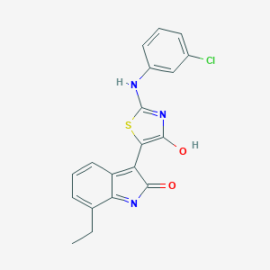 molecular formula C19H14ClN3O2S B474460 3-{2-[(3-chlorophenyl)imino]-4-oxo-1,3-thiazolidin-5-ylidene}-7-ethyl-1,3-dihydro-2H-indol-2-one 