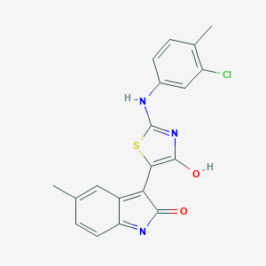 molecular formula C19H14ClN3O2S B474497 3-{2-[(3-chloro-4-methylphenyl)imino]-4-oxo-1,3-thiazolidin-5-ylidene}-5-methyl-1,3-dihydro-2H-indol-2-one 