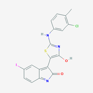 molecular formula C18H11ClIN3O2S B474507 3-{2-[(3-chloro-4-methylphenyl)imino]-4-oxo-1,3-thiazolidin-5-ylidene}-5-iodo-1,3-dihydro-2H-indol-2-one 