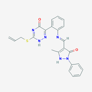 molecular formula C23H20N6O2S B474538 6-[2-[(5-methyl-3-oxo-2-phenyl-1H-pyrazol-4-yl)methylideneamino]phenyl]-3-prop-2-enylsulfanyl-2H-1,2,4-triazin-5-one 