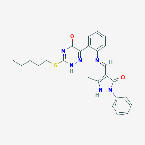 molecular formula C25H26N6O2S B474540 6-[2-[(5-methyl-3-oxo-2-phenyl-1H-pyrazol-4-yl)methylideneamino]phenyl]-3-pentylsulfanyl-2H-1,2,4-triazin-5-one 