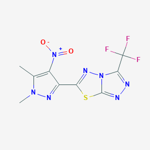 molecular formula C9H6F3N7O2S B4745413 6-(1,5-dimethyl-4-nitro-1H-pyrazol-3-yl)-3-(trifluoromethyl)[1,2,4]triazolo[3,4-b][1,3,4]thiadiazole 