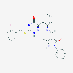 molecular formula C27H21FN6O2S B474544 3-[(2-fluorophenyl)methylsulfanyl]-6-[2-[(5-methyl-3-oxo-2-phenyl-1H-pyrazol-4-yl)methylideneamino]phenyl]-2H-1,2,4-triazin-5-one 