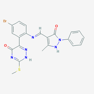 molecular formula C21H17BrN6O2S B474545 6-[5-bromo-2-[(5-methyl-3-oxo-2-phenyl-1H-pyrazol-4-yl)methylideneamino]phenyl]-3-methylsulfanyl-2H-1,2,4-triazin-5-one 