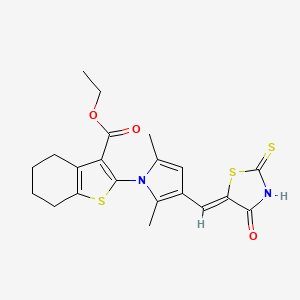 molecular formula C21H22N2O3S3 B4745452 ethyl 2-{2,5-dimethyl-3-[(4-oxo-2-thioxo-1,3-thiazolidin-5-ylidene)methyl]-1H-pyrrol-1-yl}-4,5,6,7-tetrahydro-1-benzothiophene-3-carboxylate 
