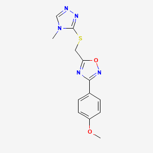molecular formula C13H13N5O2S B4746110 3-(4-methoxyphenyl)-5-{[(4-methyl-4H-1,2,4-triazol-3-yl)thio]methyl}-1,2,4-oxadiazole 