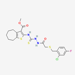 molecular formula C21H23ClFN3O3S3 B4746509 methyl 2-{[(2-{[(2-chloro-4-fluorobenzyl)thio]acetyl}hydrazino)carbonothioyl]amino}-5,6,7,8-tetrahydro-4H-cyclohepta[b]thiophene-3-carboxylate 