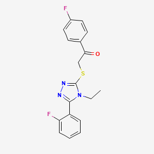 molecular formula C18H15F2N3OS B4746663 2-{[4-ethyl-5-(2-fluorophenyl)-4H-1,2,4-triazol-3-yl]thio}-1-(4-fluorophenyl)ethanone 