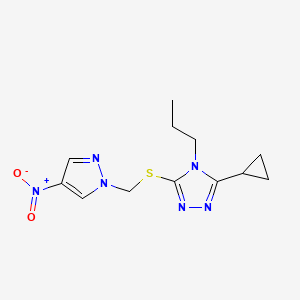 molecular formula C12H16N6O2S B4747264 3-cyclopropyl-5-{[(4-nitro-1H-pyrazol-1-yl)methyl]thio}-4-propyl-4H-1,2,4-triazole 