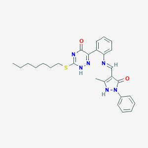molecular formula C27H30N6O2S B474758 3-heptylsulfanyl-6-[2-[(5-methyl-3-oxo-2-phenyl-1H-pyrazol-4-yl)methylideneamino]phenyl]-2H-1,2,4-triazin-5-one 