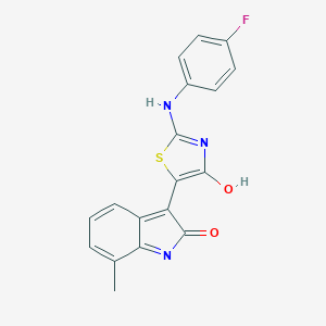 molecular formula C18H12FN3O2S B474766 3-{2-[(4-fluorophenyl)imino]-4-oxo-1,3-thiazolidin-5-ylidene}-7-methyl-1,3-dihydro-2H-indol-2-one 