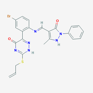 molecular formula C23H19BrN6O2S B474866 6-[5-bromo-2-[(5-methyl-3-oxo-2-phenyl-1H-pyrazol-4-yl)methylideneamino]phenyl]-3-prop-2-enylsulfanyl-2H-1,2,4-triazin-5-one 