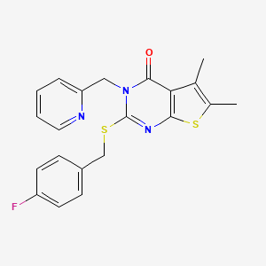 molecular formula C21H18FN3OS2 B4749298 2-[(4-fluorobenzyl)thio]-5,6-dimethyl-3-(2-pyridinylmethyl)thieno[2,3-d]pyrimidin-4(3H)-one 